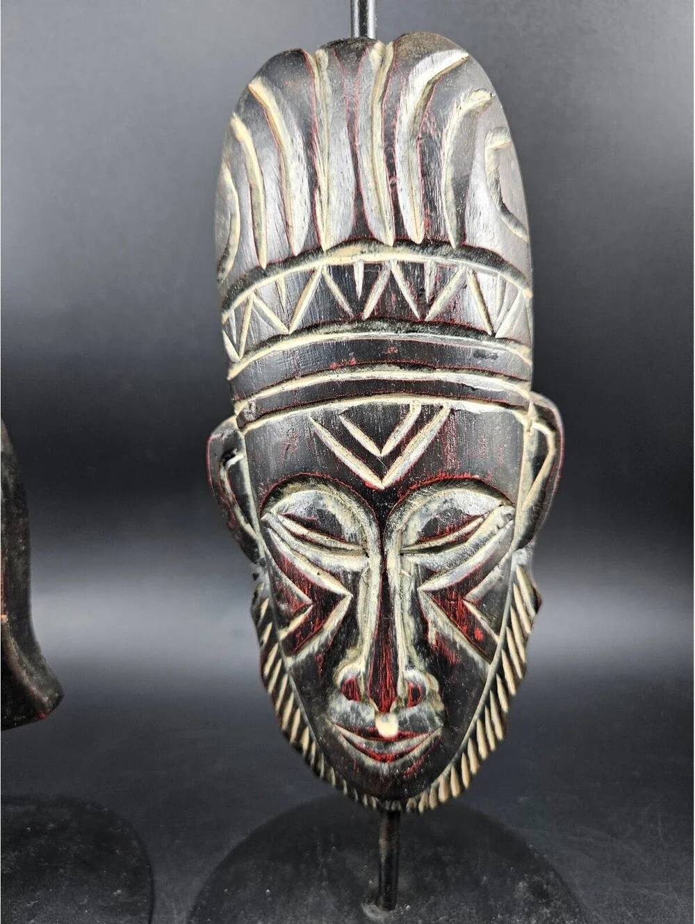 2 Vintage Hand-Carved Tribal Mask Pillar Candle Holders Iron Stands Folk Art